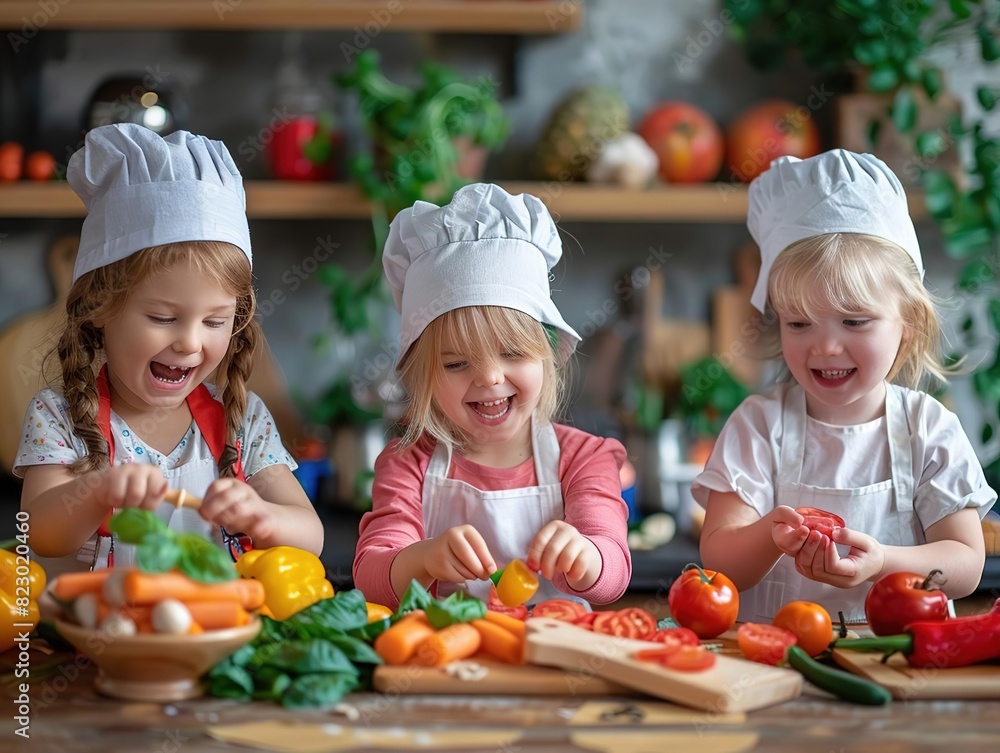 Children playing and learning, Three children wearing chef hats preparing vegetables together in a kitchen, surrounded by colorful fresh produce and greenery. Children playing and learning, Three children wearing chef hats preparing vegetables together in a kitchen, surrounded by colorful fresh produce and greenery.