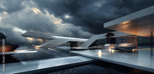 A luxury villa with a futuristic design, featuring geometric shapes and a monochromatic color scheme, set against a dramatic stormy sky. 32k, full ultra hd, high resolution photo