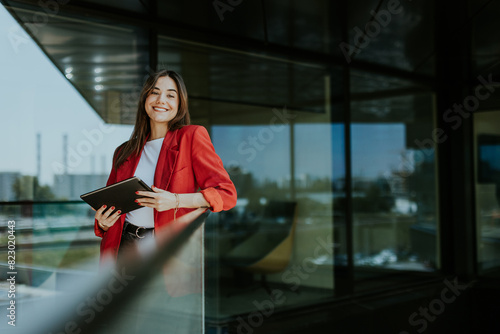 Foto Smiling businesswoman in red blazer using tablet at modern office window in dayl