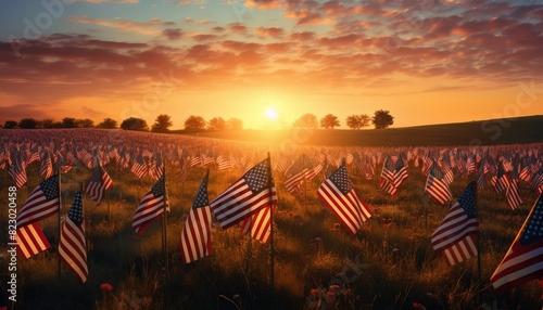 sunrise over a field of american soldiers cemetery with USA flags in the ground photo