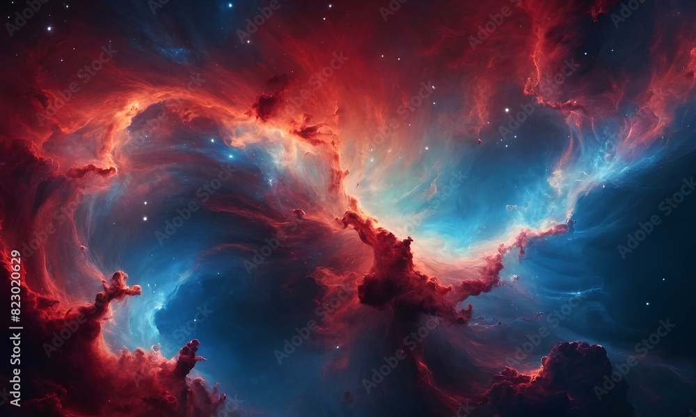 Abstract beautiful space background illustration combination of red and blue colors in a unique design. 3d Wallpaper of fantasy shiny stars, nebulas clouds and planets in galaxies astronomy