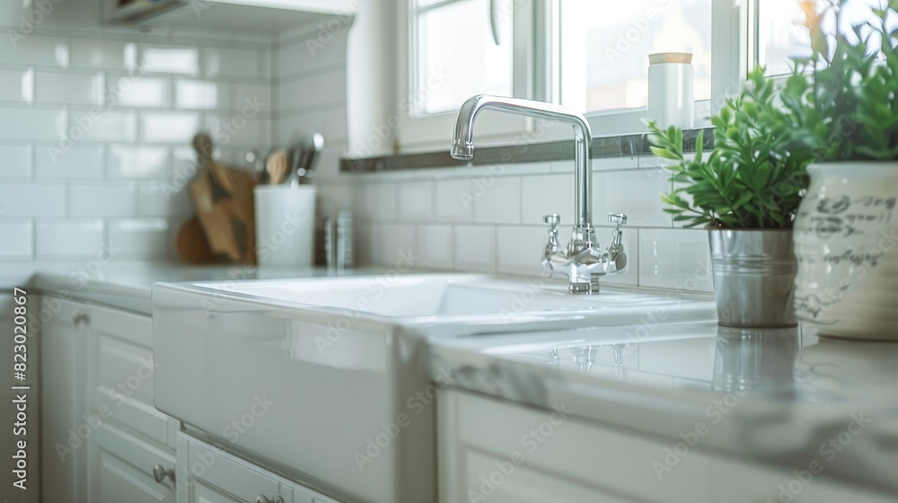 Luxurious porcelain sink in a modern kitchen, close-up with isolated background, emphasizing its range of colors and stylish design, ideal for advertising Luxurious porcelain sink in a modern kitchen, close-up with isolated background, emphasizing its range of colors and stylish design, ideal for advertising