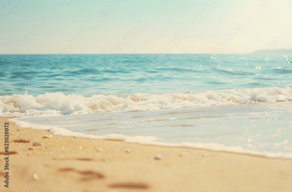 Blurred Sandy Beach with Soft Waves and Blue Sea in Pastel Tones