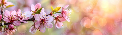 Close-up of delicate pink cherry blossoms in full bloom on a tree branch with warm, soft, golden sunlight in the background. © Pairat
