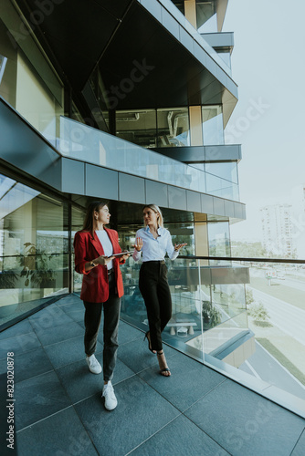 Two businesswomen discuss s...