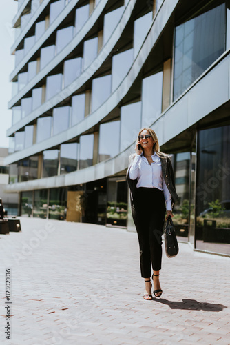 Business professional walking outside modern office building on a sunny day