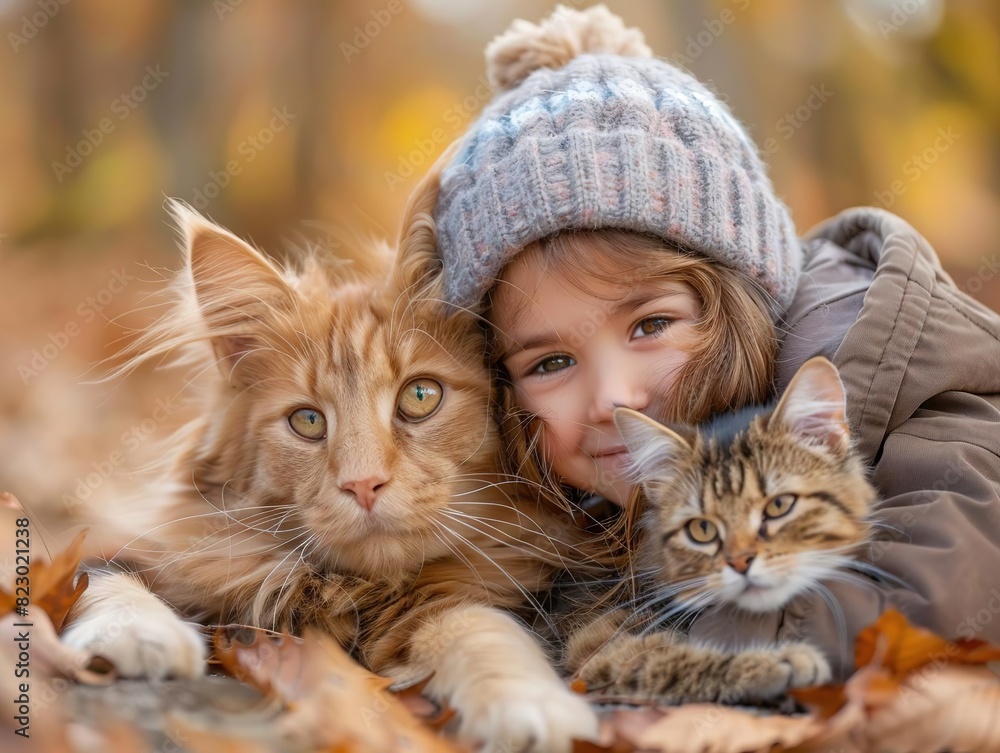 Children playing and learning, A young girl lying on autumn leaves with two fluffy cats, wearing a knitted hat and coat, enjoying the fall season outdoors. Children playing and learning, A young girl lying on autumn leaves with two fluffy cats, wearing a knitted hat and coat, enjoying the fall season outdoors.