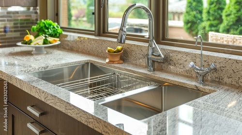 Luxurious kitchen with an undermount sink, close-up, seamless look with the countertop, emphasizing modern design and ease of cleaning, perfect for ads photo