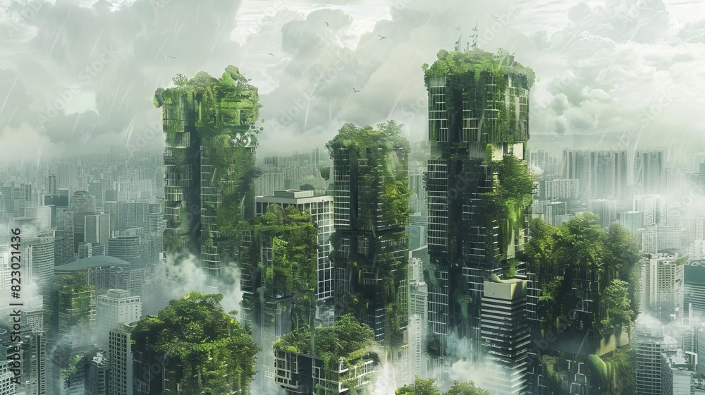 Futuristic urban cityscape with skyscrapers covered in lush greenery, depicting a post-apocalyptic scene with nature reclaiming the structures.