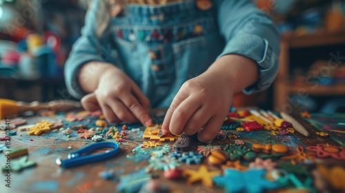 Children playing and learning, Child engaging in a creative activity, assembling colorful puzzle pieces on a wooden table, with focus on hands and puzzle details.