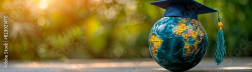 Globe with graduation cap symbolizes global education, academic achievement, and lifelong learning on a sunny day with green background. photo