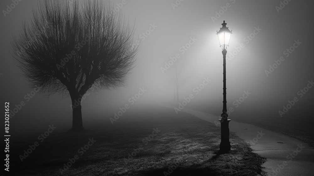 Mysterious foggy park scene at night with a lone streetlamp ...