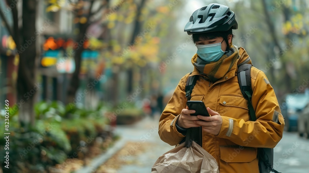 Delivery person wearing a helmet and checking directions on a smartphone while holding a food bag