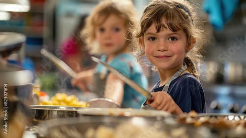 Children playing and learning  Two young girls in a kitchen wearing aprons  learning to cook and having fun while preparing food together.