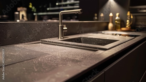 Luxurious kitchen featuring a composite granite sink  close-up view  highlighting resistance to scratches and stains  isolated background with studio lighting for advertising
