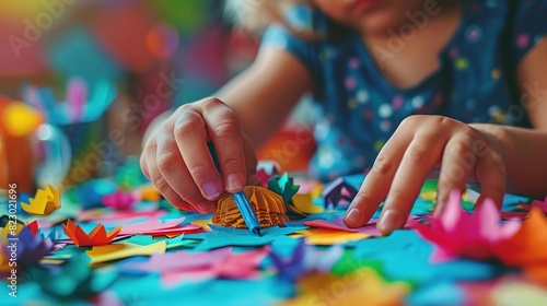 Children playing and learning, Child creating colorful paper crafts. Close-up of hands working on art project with various colored paper pieces. Creative and fun activity for kids. photo