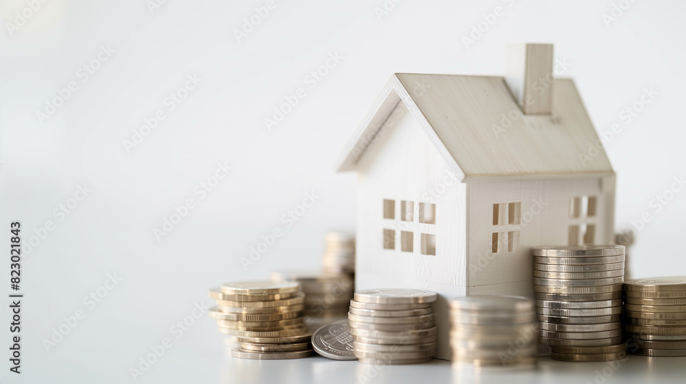 White wooden house models stands on a stacks of coins, solid white background with copy space, finance, mortgage, investment, real estate concept White wooden house models stands on a stacks of coins, solid white background with copy space, finance, mortgage, investment, real estate concept