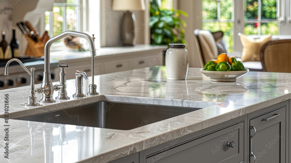Luxurious bar sink installed in a modern kitchen island, close-up with refined details and premium materials, ideal for upscale secondary kitchen areas Luxurious bar sink installed in a modern kitchen island, close-up with refined details and premium materials, ideal for upscale secondary kitchen areas