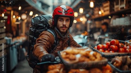 Delivery rider picking up an order from a restaurant counter, ready to go photo