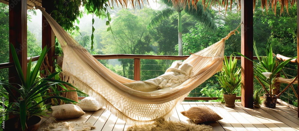 Fototapeta premium Terrace snug hammock and blanket with lush houseplant during sunset