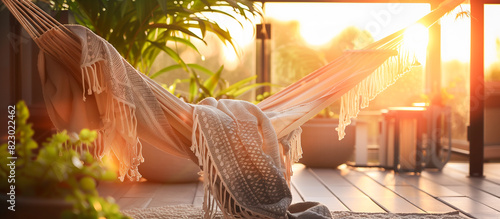 Terrace snug hammock and blanket with lush houseplant during sunset photo