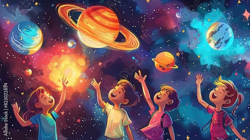 Children playing and learning, Children reaching for the planets in a colorful outer space scene, filled with stars and imaginative galactic elements. photo