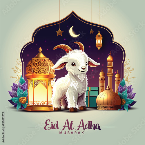 beautiful Eid al Adah art greetings with golden lantern, moon and dark Arabian culture background. abstract vector illustration design.