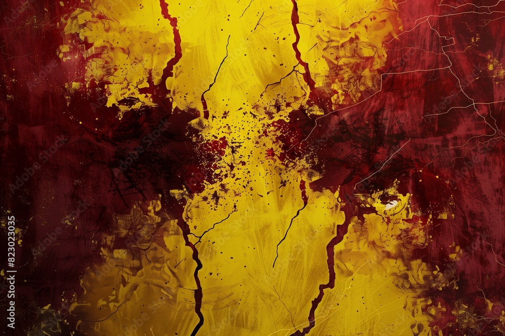 : Bold contrast between a vibrant yellow background and menacing dark red grunge elements, creating an otherworldly portal crackling with mysterious energy.
