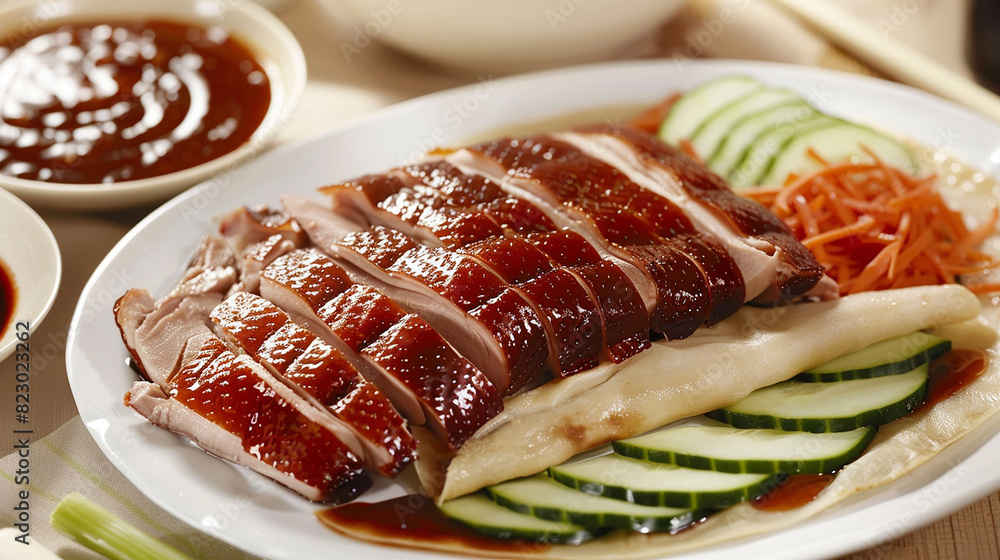 A plate of aromatic Peking duck, with crispy skin and tender meat wrapped in thin pancakes with hoisin sauce, cucumber, and scallions.
