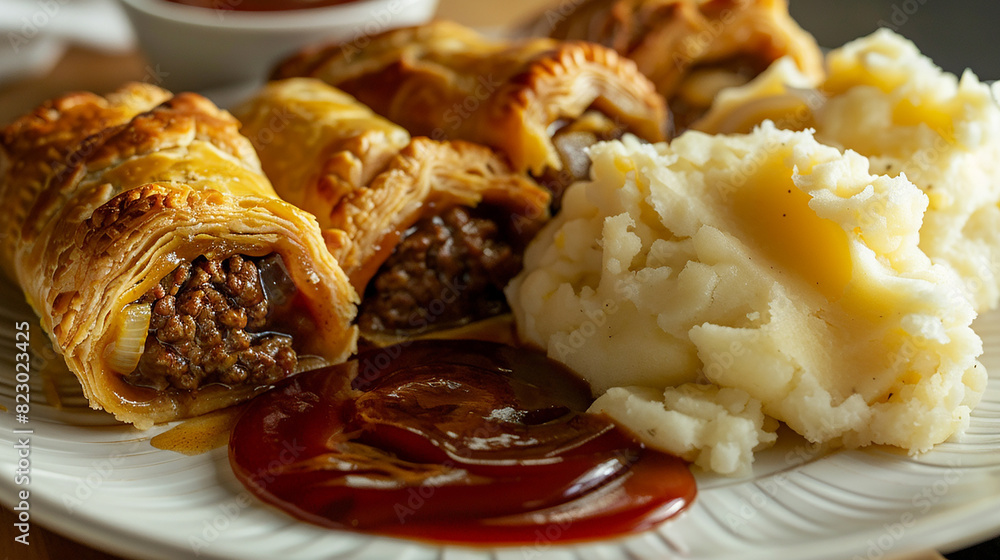 A plate of Australian meat pie, with flaky pastry filled with savory minced meat, gravy, and onions, served with ketchup and mashed potatoes for a classic Aussie comfort food.