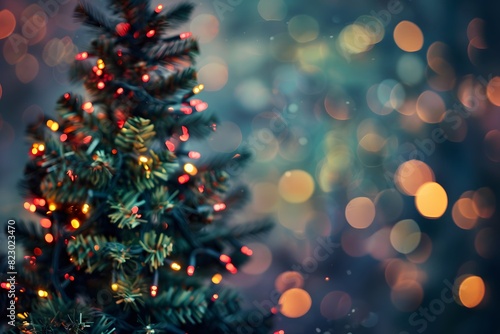 Blurred Christmas tree with colorful lights at night