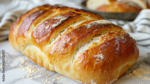 A close-up photo of a freshly baked loaf of bread, with a golden crust and soft, fluffy interior.