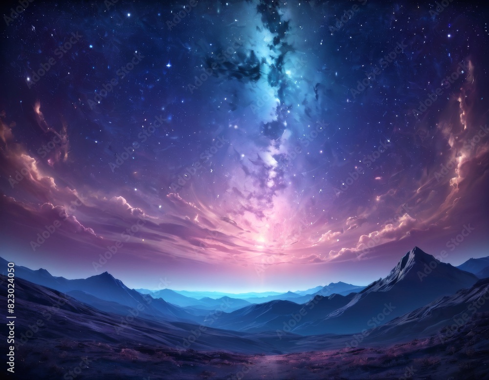 A mesmerizing night sky with a galaxy backdrop over serene mountain landscape.. AI Generation