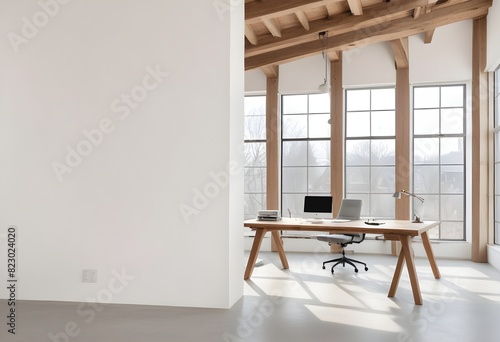 Mockup wall. Wooden coworking interior with PC computers on desks in rows, windows. 3D render