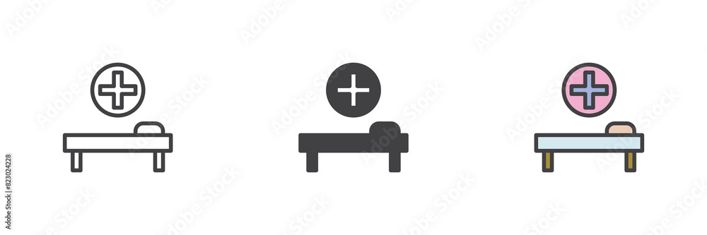 Fototapeta premium Hospital bed different style icon set