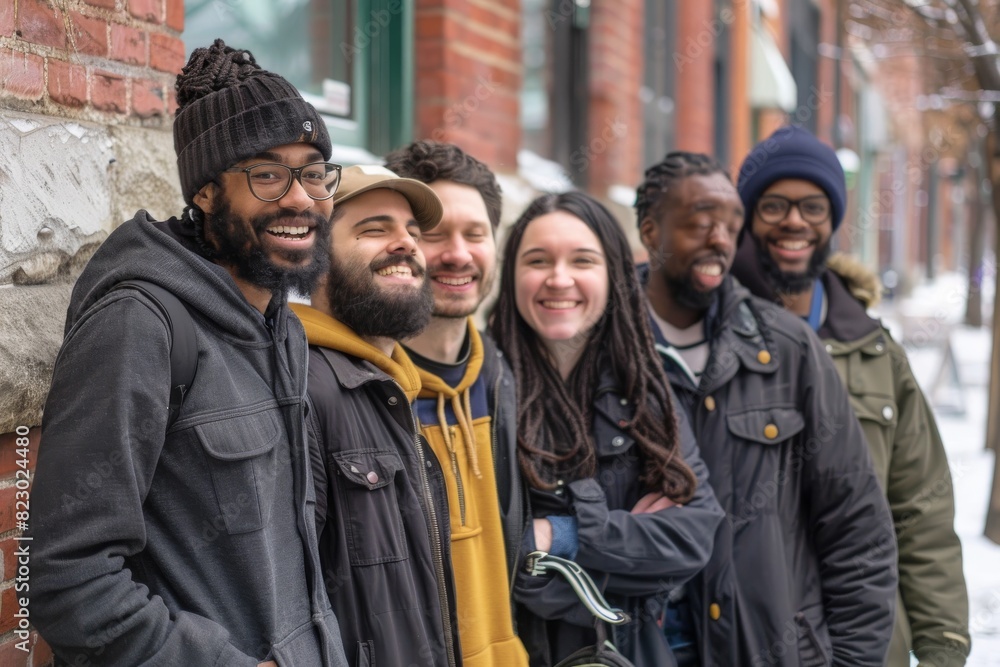 Group of friends on the street in New York, wearing winter clothes Group of friends on the street in New York, wearing winter clothes