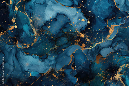 Abstract marble texture with blue and gold swirls. Created with Ai photo