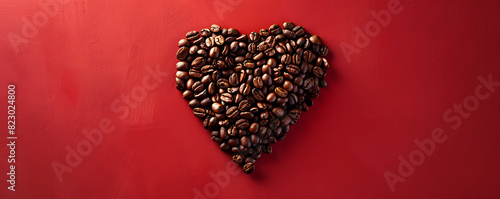 Love Heart shape made of coffee beans on red background..