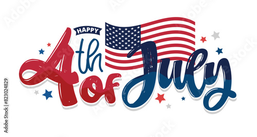 Text 4th of July. Independence Day vector lettering typography for postcard, card, banner. 100% vector image hand drawn