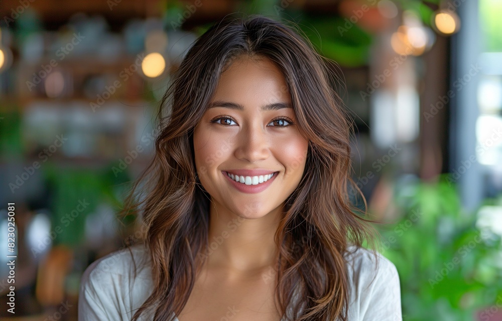 a lovely Asian woman in portraiture grinning broadly towards the camera a lovely Asian woman in portraiture grinning broadly towards the camera