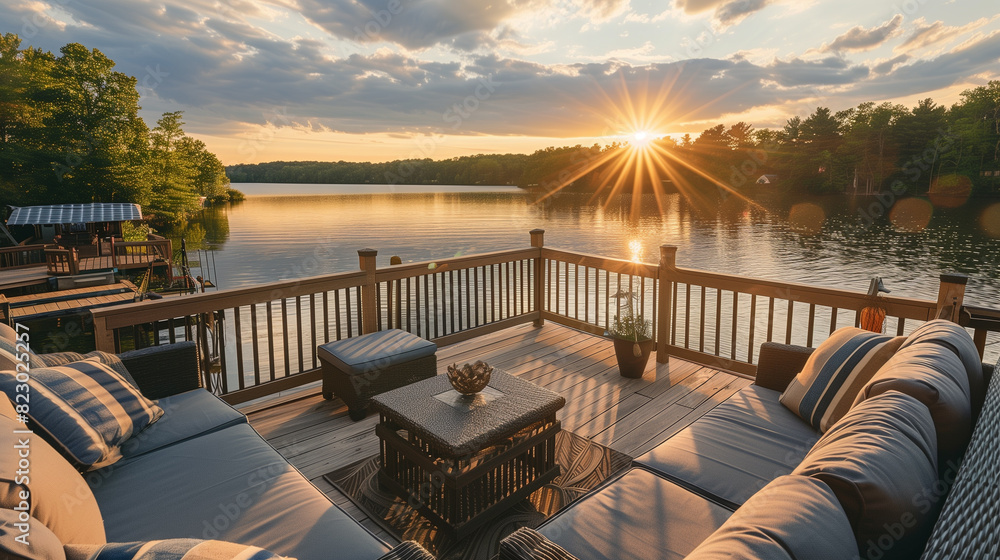 Fototapeta premium A beautiful lake with a sunset in the background. The sun is shining on the water, creating a warm and peaceful atmosphere. The scene is perfect for relaxation and enjoying the outdoors