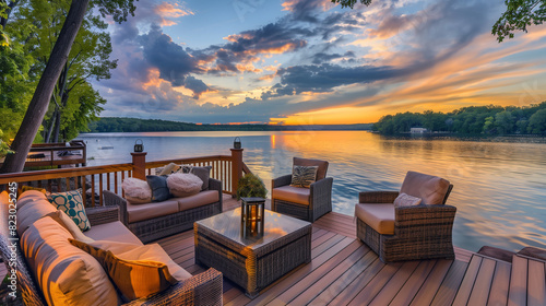 A beautiful lake with a wooden deck and a few chairs. The chairs are arranged around a table with a candle on it. The scene is peaceful and relaxing  perfect for a quiet evening by the water