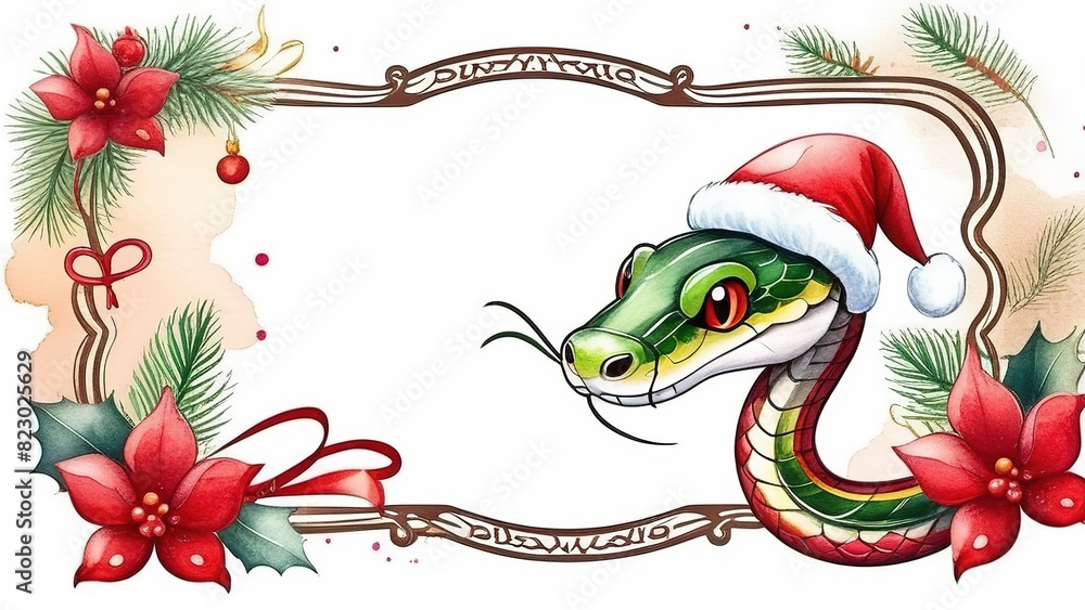 Obraz premium Illustration of a watercolor cute snake in a red Santa hat, symbol of the new year 2025 - snake, New Year calendar, layout for congratulations, New Year cards