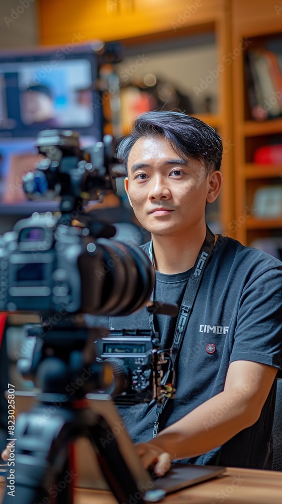 Asian video editor using a laptop and PC to edit footage for posting on social media or the internet at their freelance lifestyle studio.