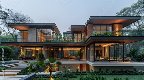 Modern luxury house with large windows, beautiful lighting, and lush garden captured at dusk  © Athena