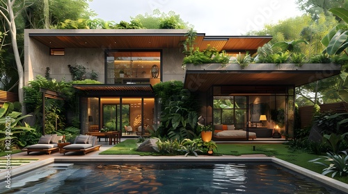 Luxurious modern home exterior with lush garden and pool under evening lighting  © Athena