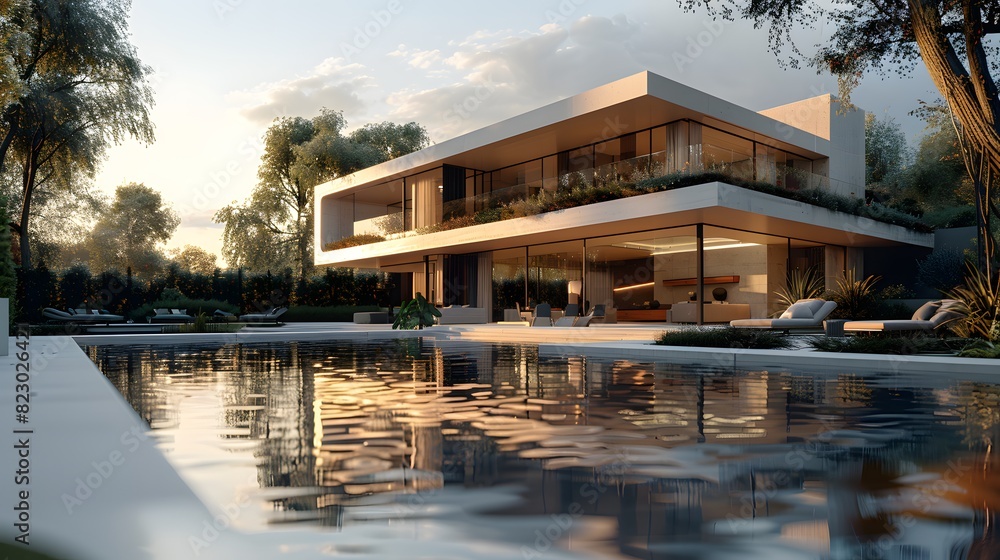 Luxurious modern house by the pool at dusk with reflections on water and lush greenery in the background. Luxurious modern house by the pool at dusk with reflections on water and lush greenery in the background.