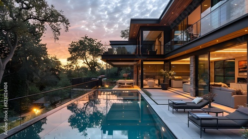 Modern luxury home with a swimming pool at twilight under a dramatic sky. 