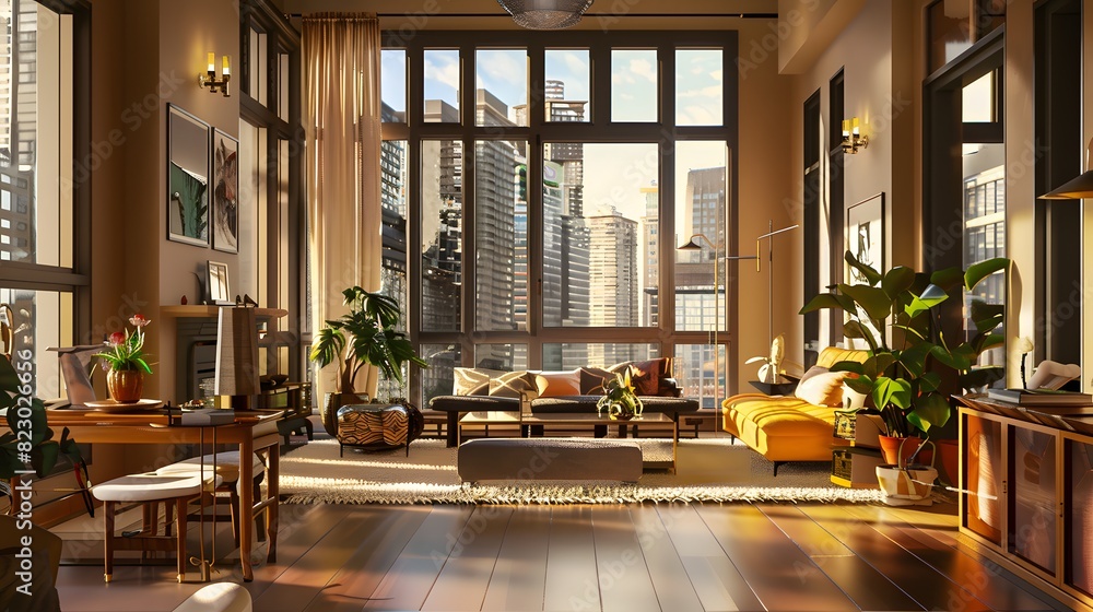 Cozy modern living room with stylish decor basking in the warm glow of sunset overlooking a cityscape, perfectly capturing the essence of urban comfort and luxury. 