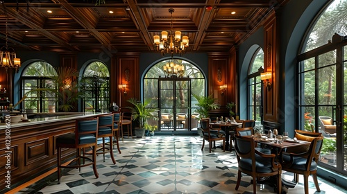 Elegant interior of a luxury restaurant with classic wooden furnishings and large windows overlooking greenery. 